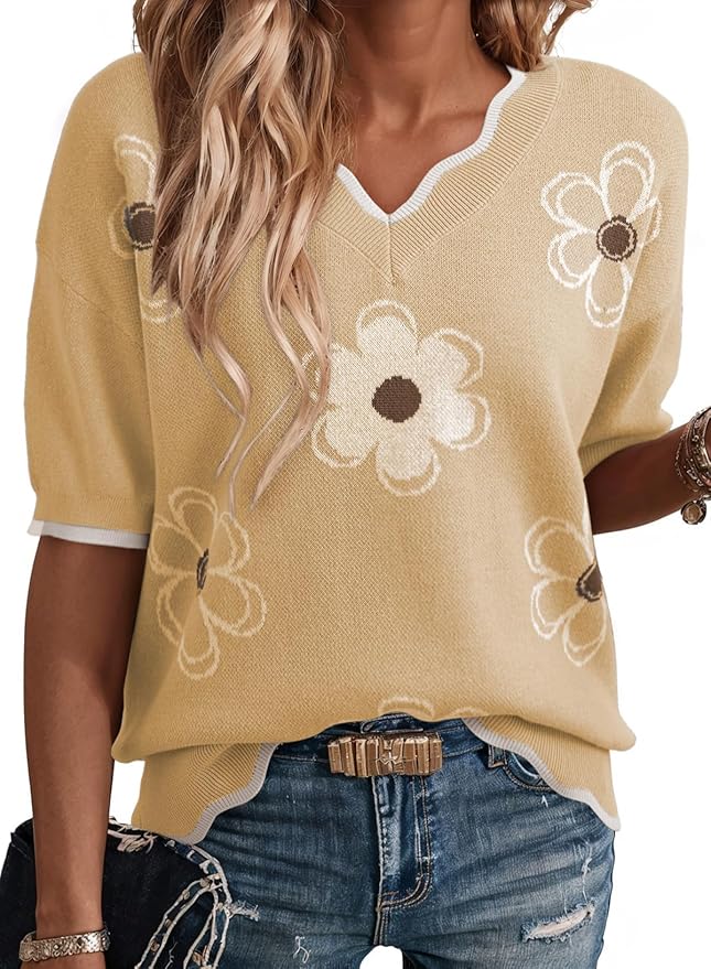 Dokotoo V Neck Short Sleeve Ribbed Knit Sweater